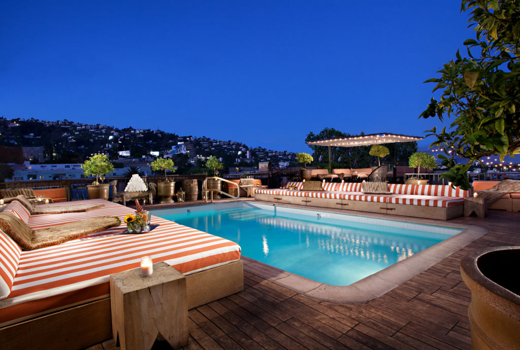Pool deck at the Petit Ermitage Hotel, West Hollywood, California