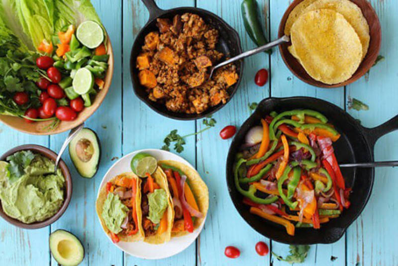 Overhead shot of food at Tocaya restaurant in West Hollywood, California