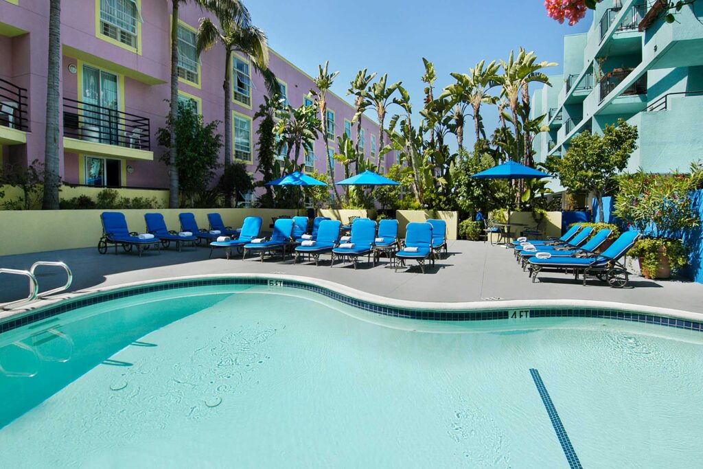 Swimming pool courtyard at the Ramada Plaza Hotel & Suites, West Hollywood, California.