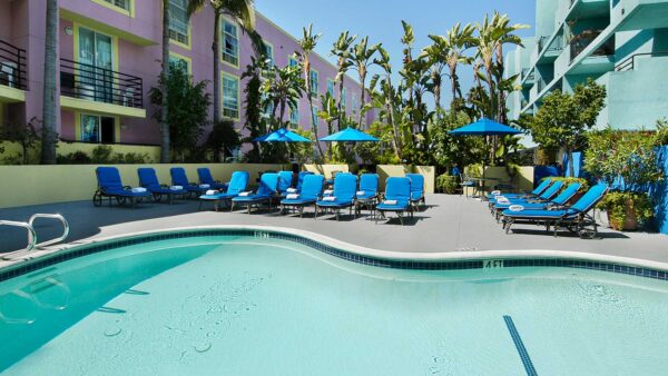 Swimming pool courtyard at the Ramada Plaza Hotel & Suites, West Hollywood, California.