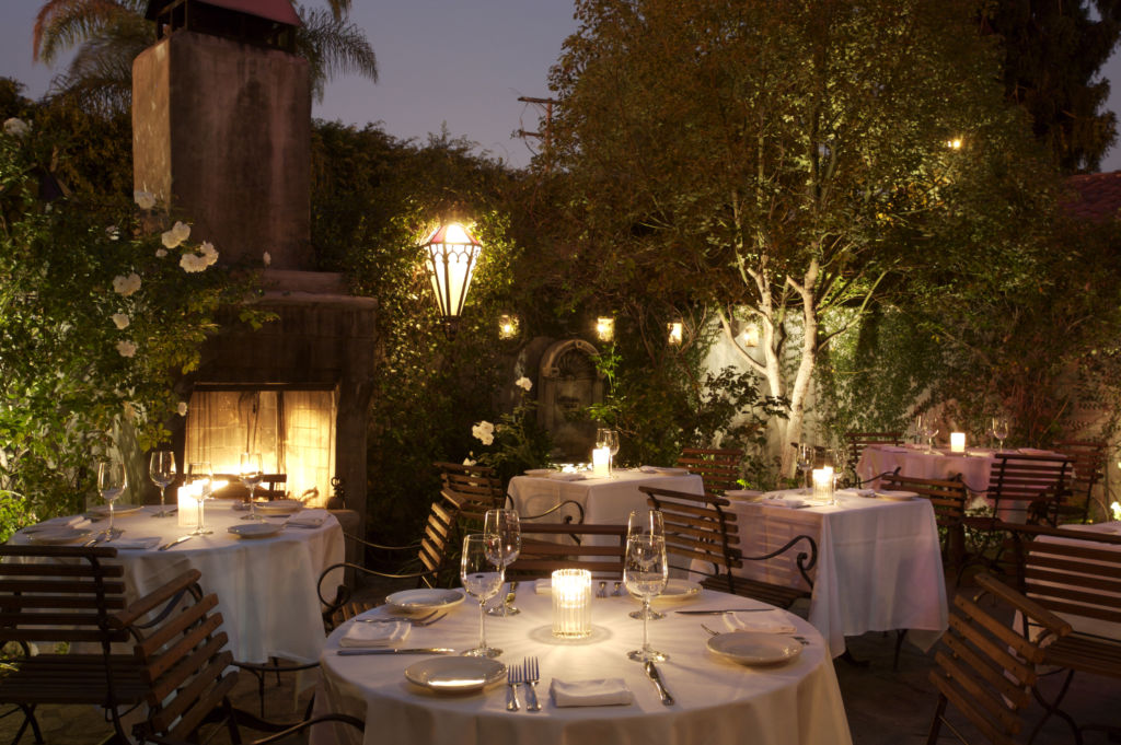 Outdoor patio at La Boheme restaurant, West Hollywood, CA