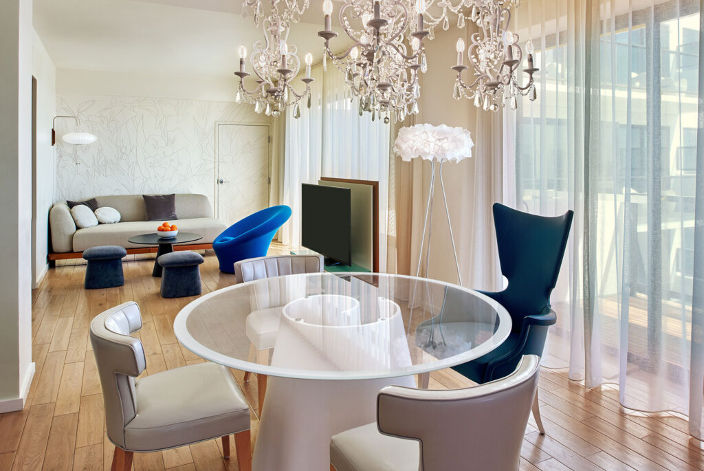 Interior living space in an opulent suite at the Mondrian Los Angeles hotel