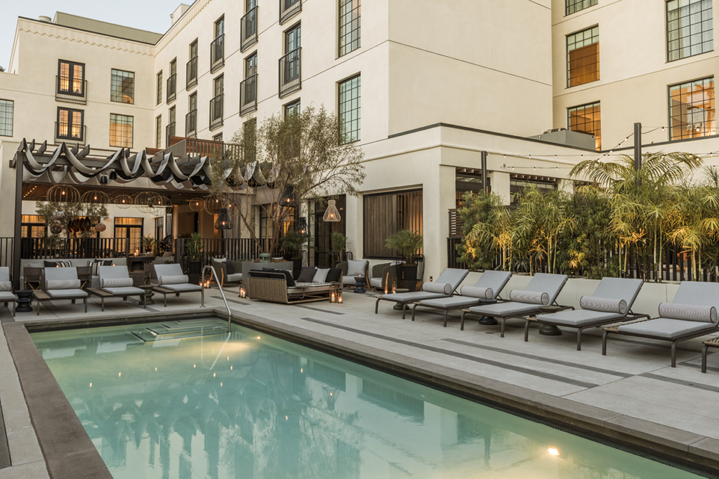 Pool deck at the Kimpton La Peer Hotel in West Hollywood, California