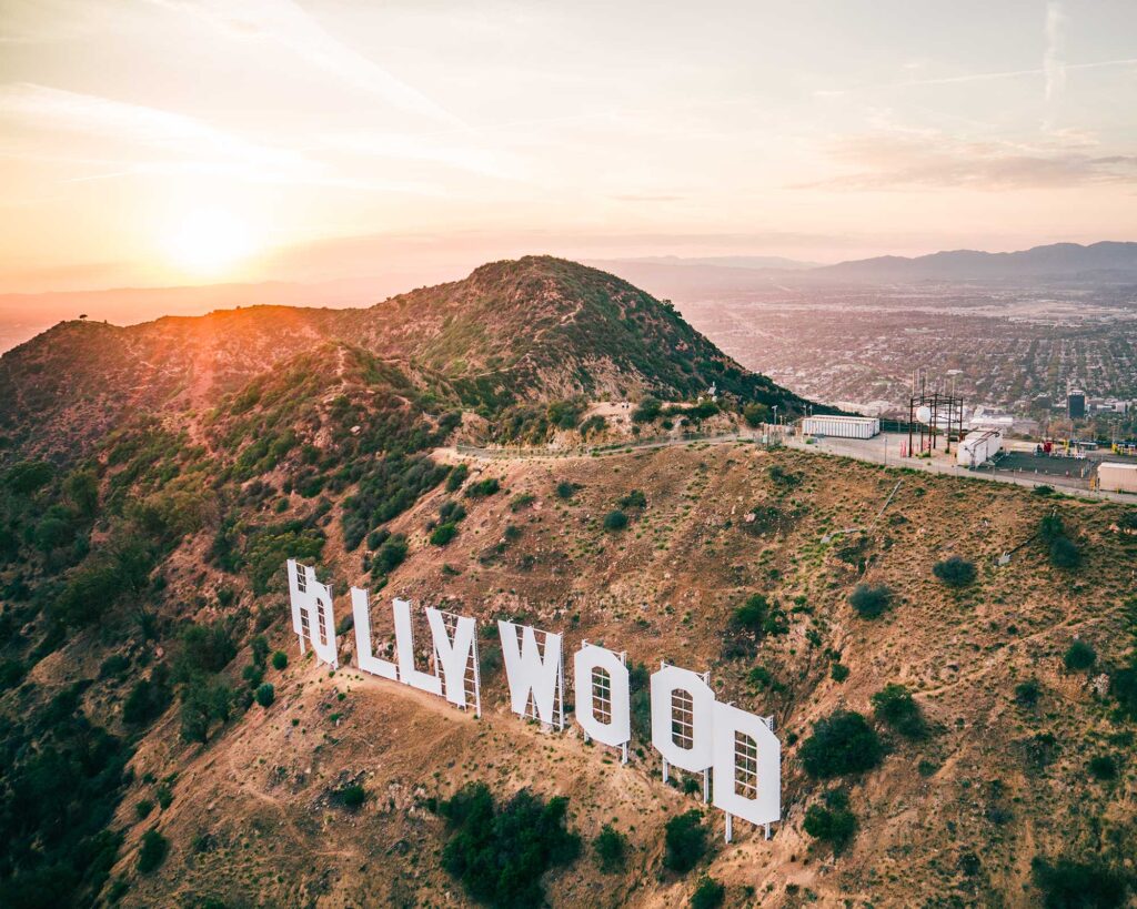 Aerial view of the Hollywood Sign at sunset. Los Angeles, California.