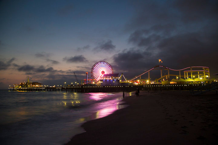 Santa Monica pier, lit up at night. Santa Monica, California.