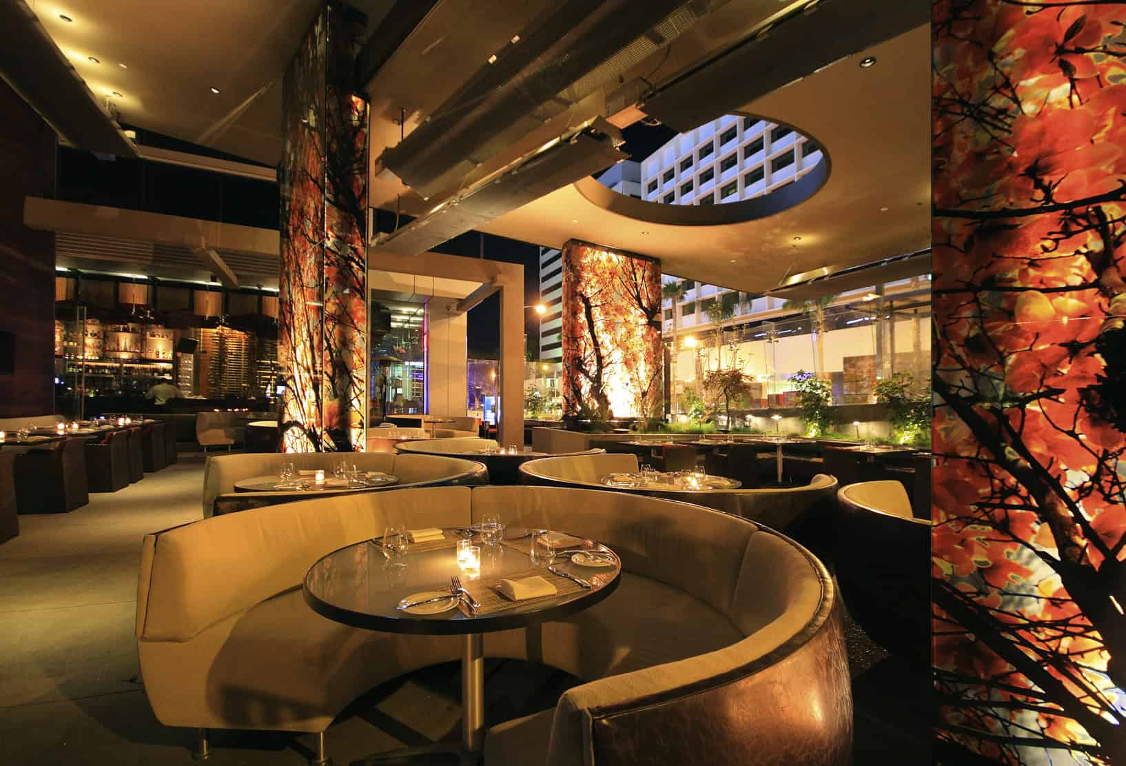 Circular booths in the modern interior BOA Steakhouse in West Hollywood