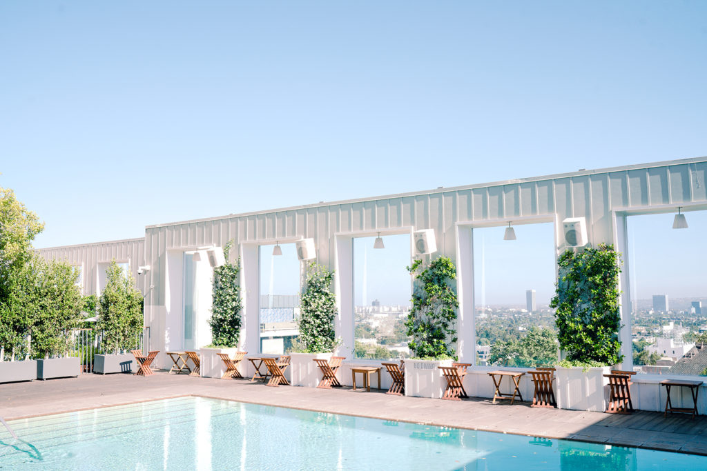 The rooftop pool deck and SkyBar at Mondrian Los Angeles in West Hollywood.