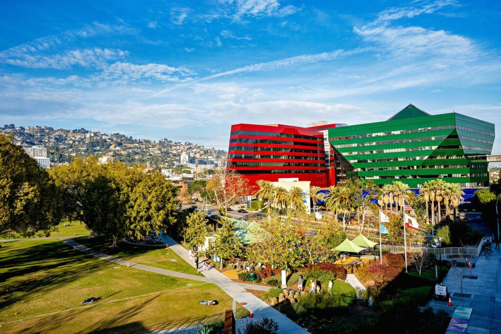 Exterior of Pacific Design Center in West Hollywood California, with the Hollywood Hills in the background.