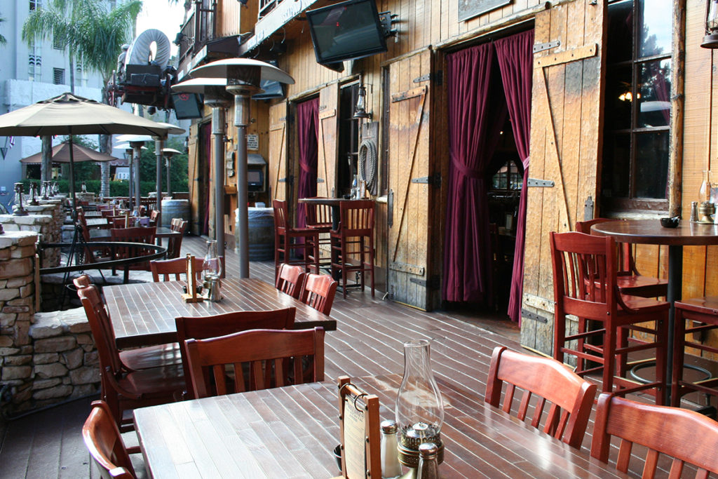 Exterior seating area at Saddle Ranch, West Hollywood, CA.