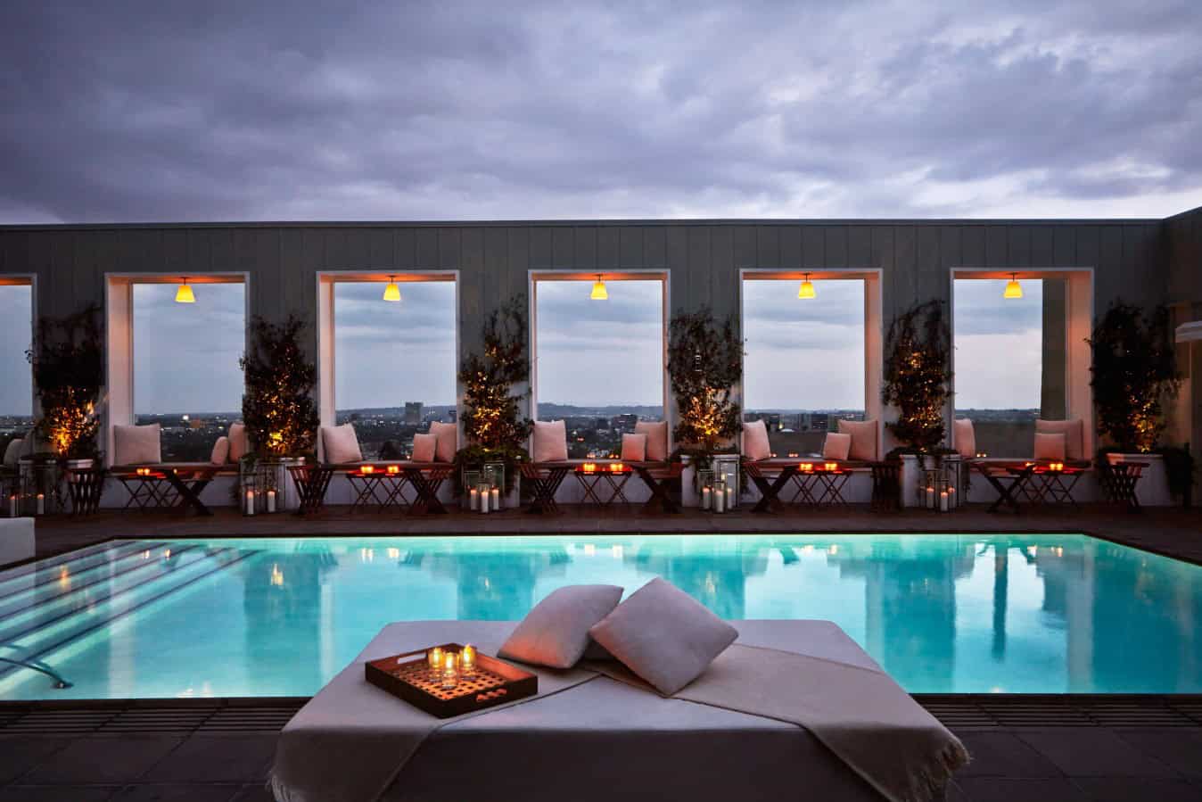 Rooftop pool at the Mondrian Los Angeles at dusk.