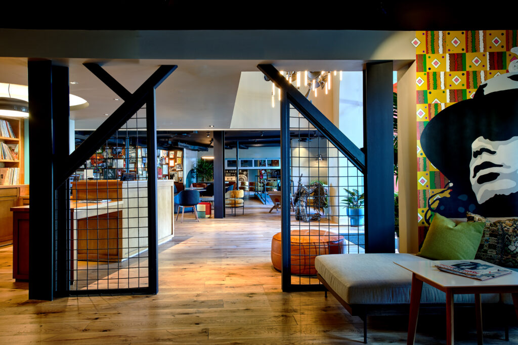 Hip, low-lit lobby at Hotel Ziggy in West Hollywood.