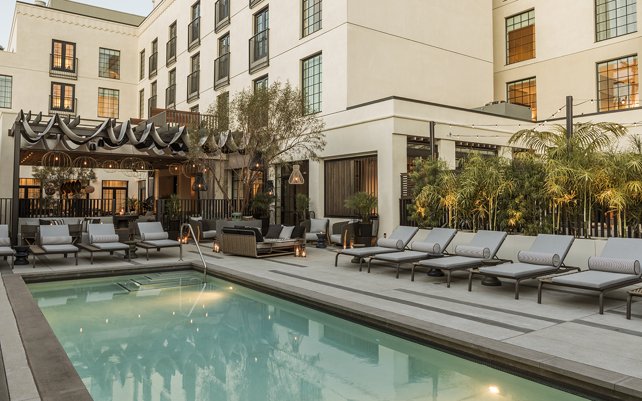 Pool deck at the Kimpton La Peer Hotel in West Hollywood, California