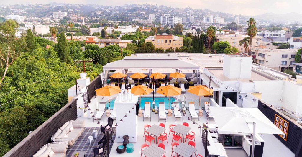 The rooftop pool at Le Parc Hotel in West Hollywood.