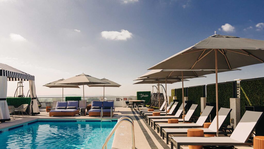 The rooftop pool deck and Tonic Bar at the Montrose Hotel, West Hollywood, California.