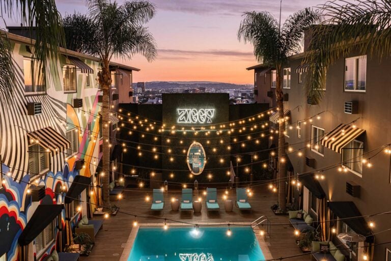 String lights over the saltwater swimming pool at Hotel Ziggy on the Sunset Strip