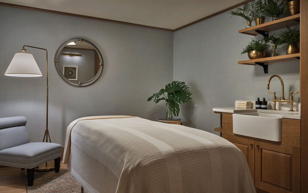 Light, airy spa treatment room with a massage table in the center at Spa Pendry. Greenery surrounds the space as well as a wooden sink with plant-laden shelves.