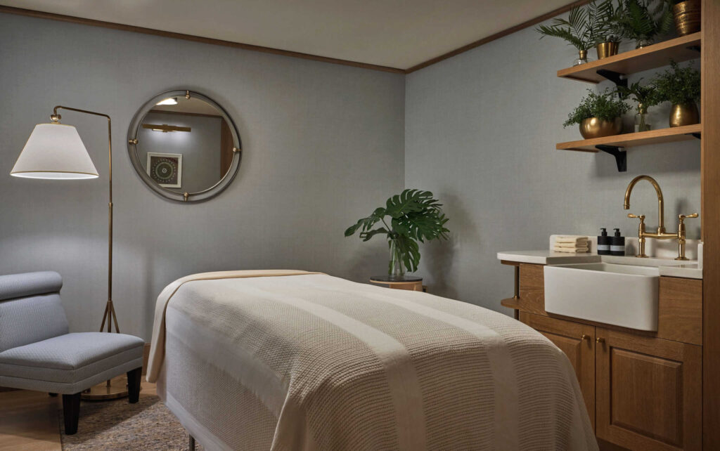 Interior of a treatment room at The Spa at Sun Rose. West Hollywood, California.