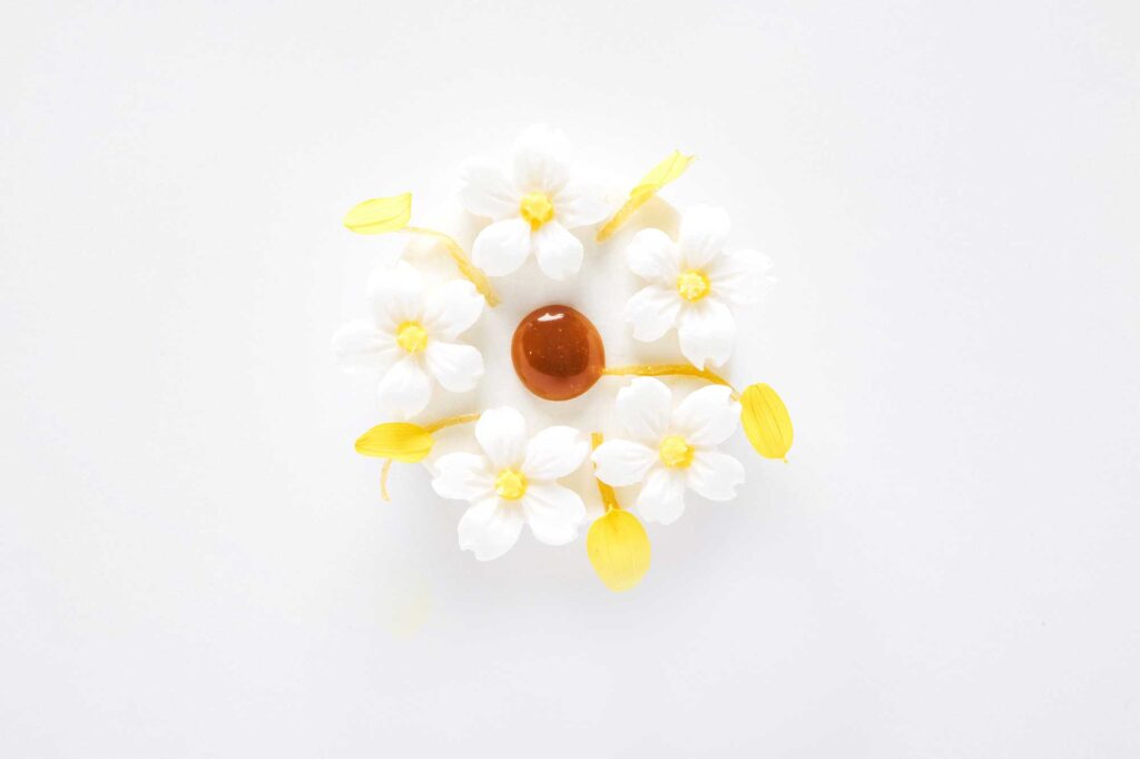 Several white flours with yellow centers arranged in a circle, with a dollop of a caramel-like sauce in the middle.