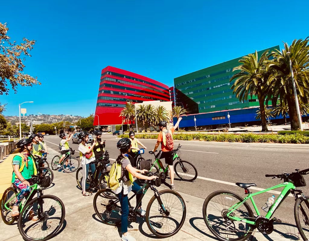 Group on a Bikes & Hikes LA tour around the Pacific Design Center in West Hollywood.