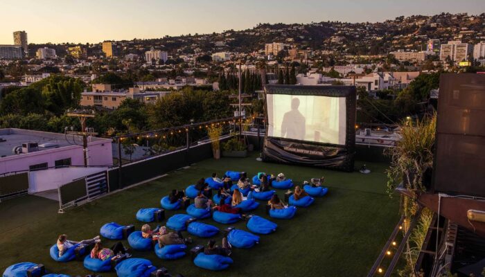 Aerial shot of Melrose Rooftop Theatre with the Hollywood Hills in the background. West Hollywood, California.
