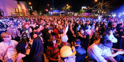 A large crowd in costumes watches an evening performance at the West Hollywood Carnaval in CA.