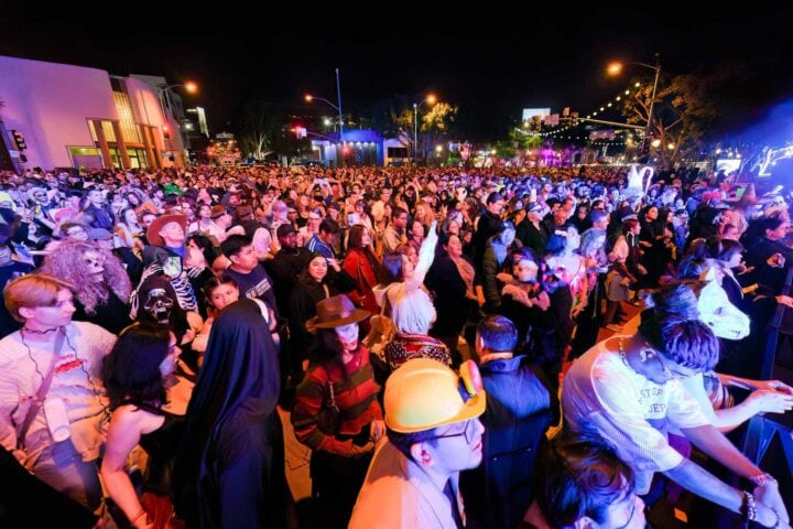 A large crowd in costumes watches an evening performance at the West Hollywood Carnaval in CA.