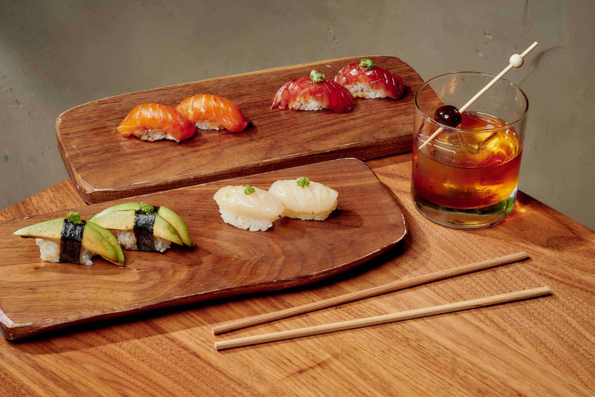 Wooden boards display artfully crafted sushi at Uchi in West Hollywood
