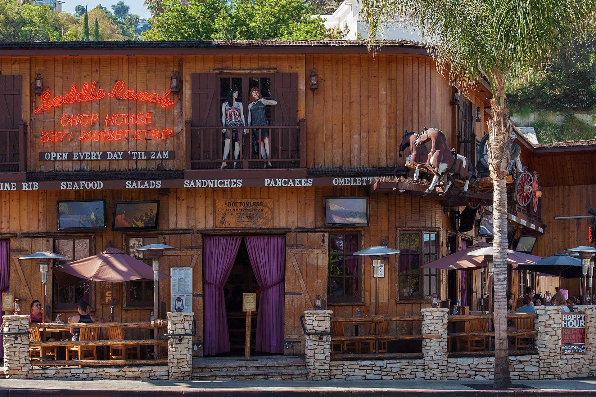 Exterior of the Western-style Saddle Ranch Chop House in West Hollywood, California.