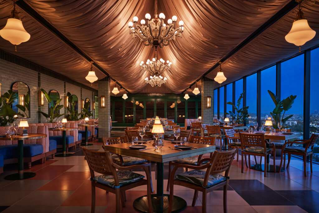 Wolfgang Puck's Merois features fabric-draped ceilings and expansive Los Angeles views.