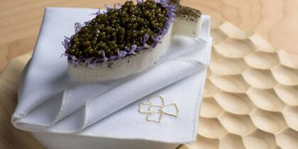 Caviar plated on a napkin at the restaurant Somni in West Hollywood