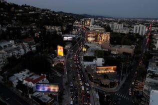 An aerial view of the Sunset Strip in West Hollywood at night.