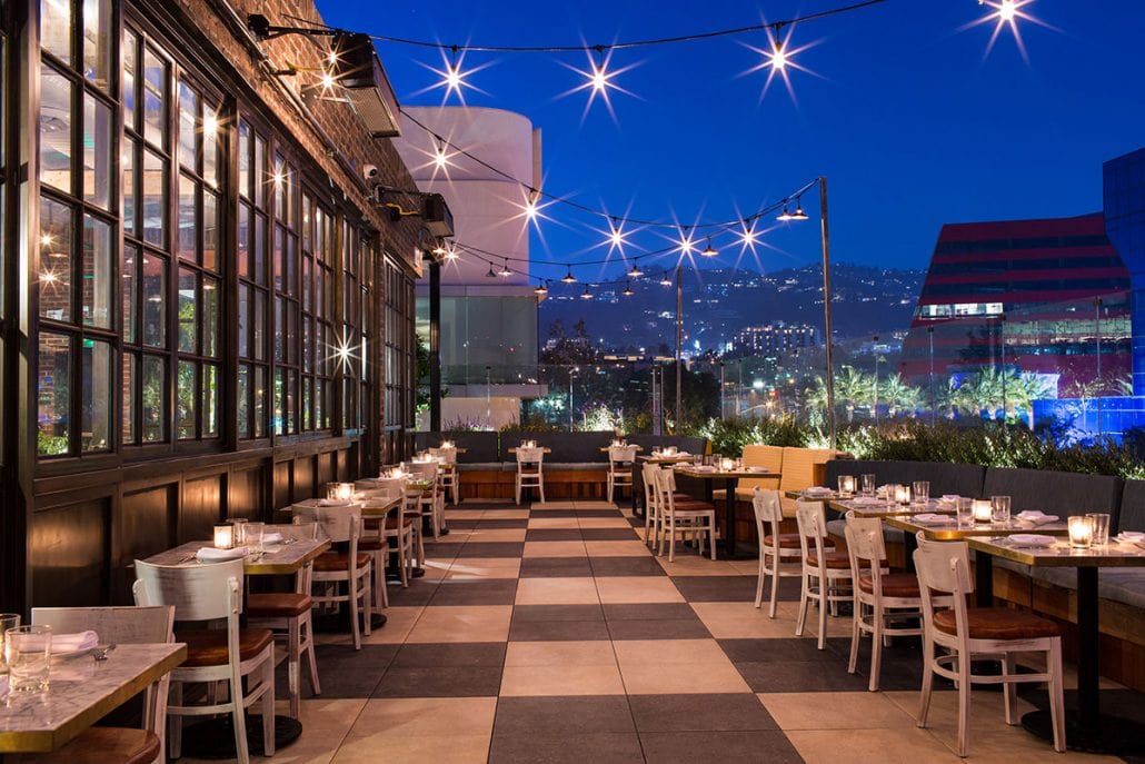 Exterior of the rooftop courtyard at Catch LA