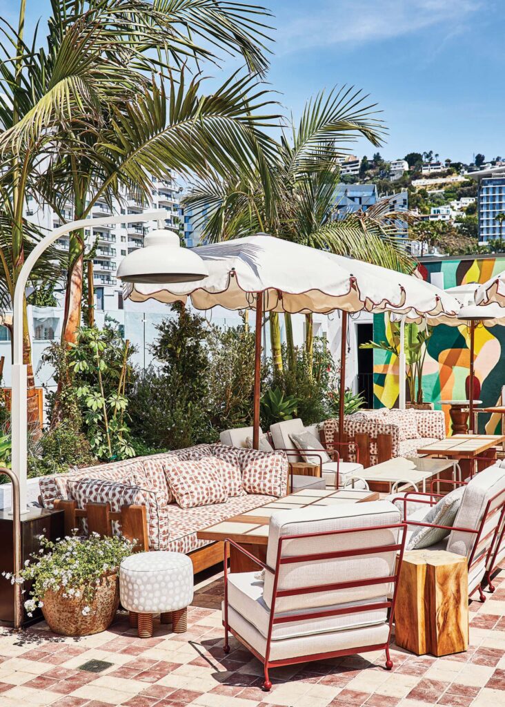 Sunny rooftop deck of Soho House Holloway hotel in West Hollywood, CA