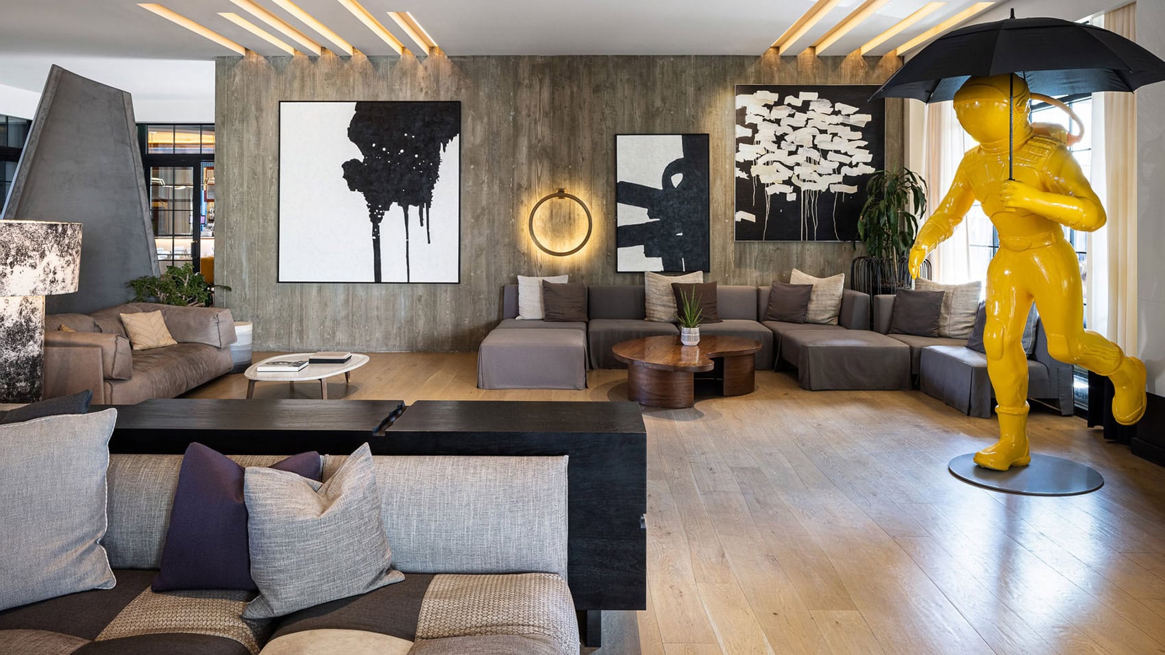 Interior of the art-filled lobby at the Kimpton La Peer West Hollywood