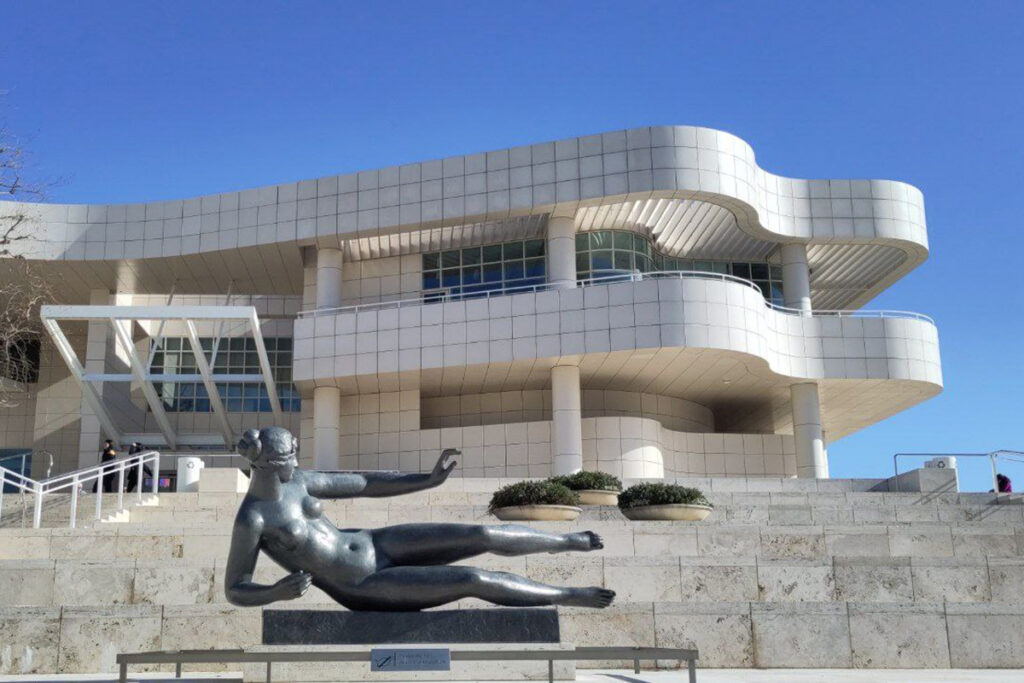 A sculpture of a woman outside the Getty Museum in Los Angeles.