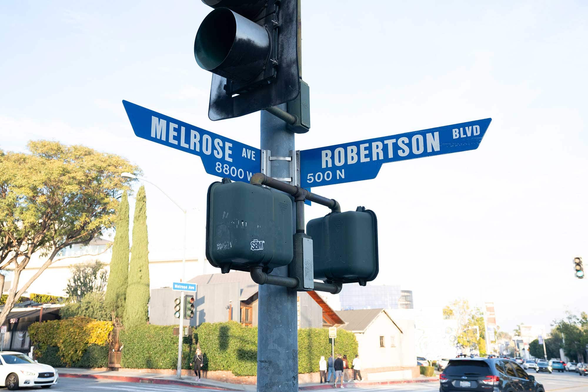 Street signs at the intersection of Melrose and Robertson in the West Hollywood Design District