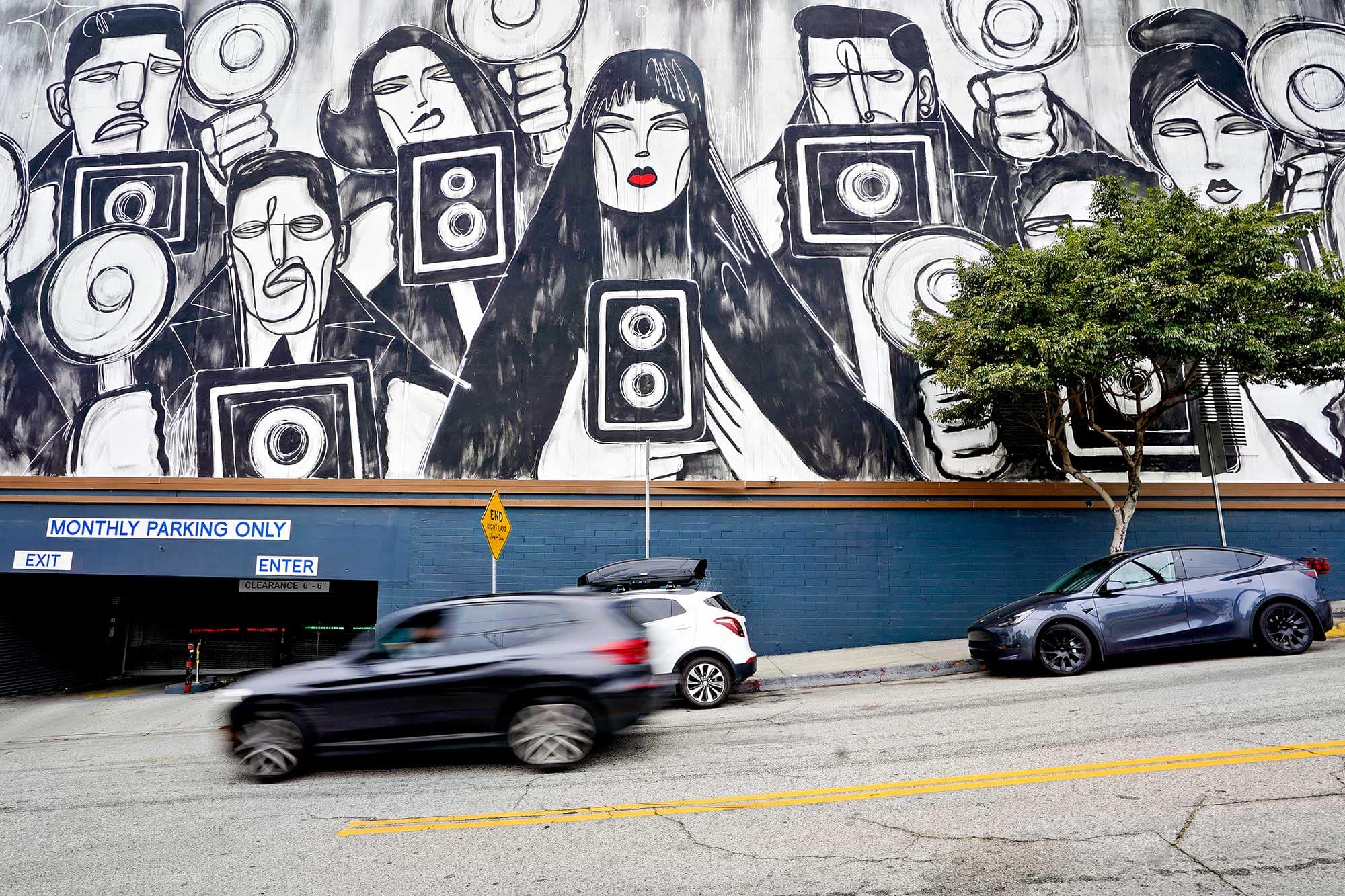 Exterior of a mural on a parking garage on Sunset Boulevard in West Hollywood
