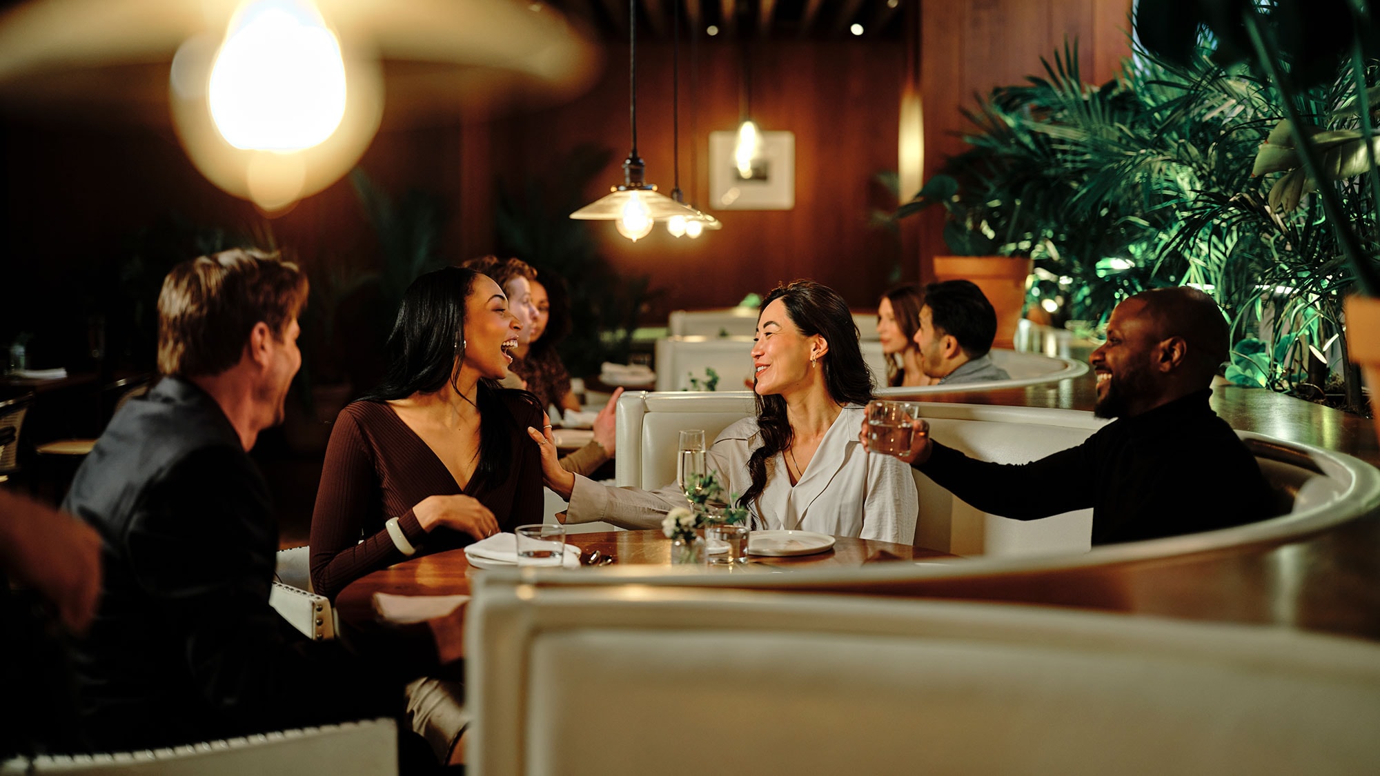 A group dines at a beautiful restaurant in West Hollywood, CA