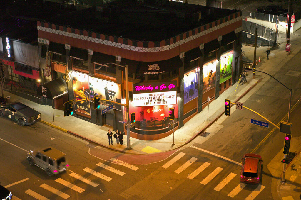 Drone shot of the famed Whisky a Go Go nightclub at night