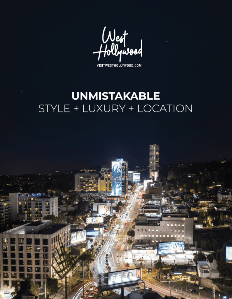 A nighttime cityscape of West Hollywood with illuminated streets and high-rise buildings. Text on the image reads "West Hollywood," "visitwesthollywood.com" and "unmistakable style and luxury and location."
