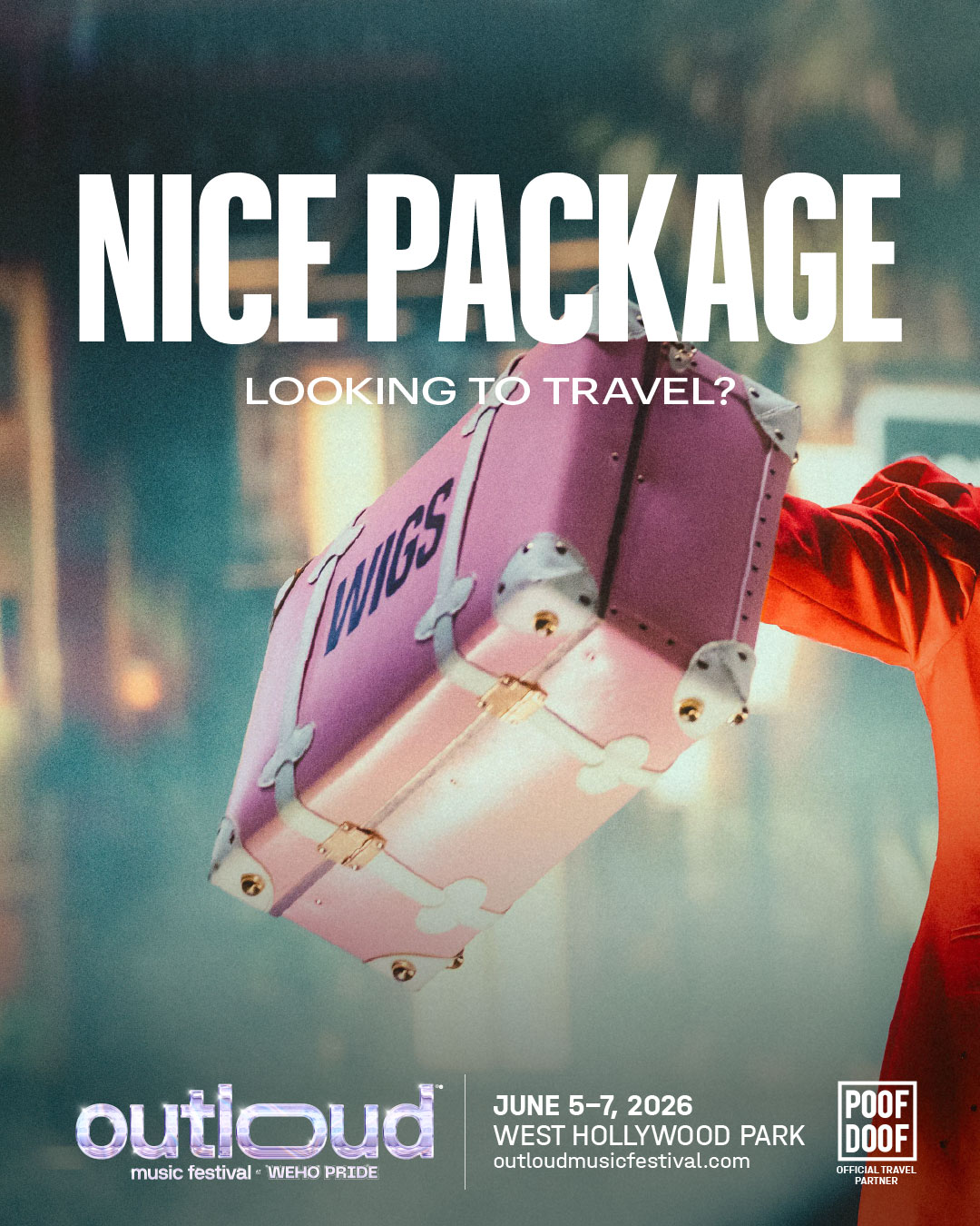 Poster for OUTLOUD Music Festival and Poof Doof's official travel packages.